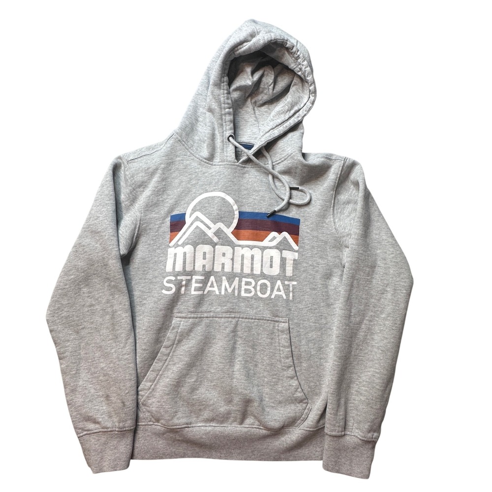 Marmot Hoodie Mens XS Grey Steamboat Mountain Graphic Pullover Sweatshirt‎